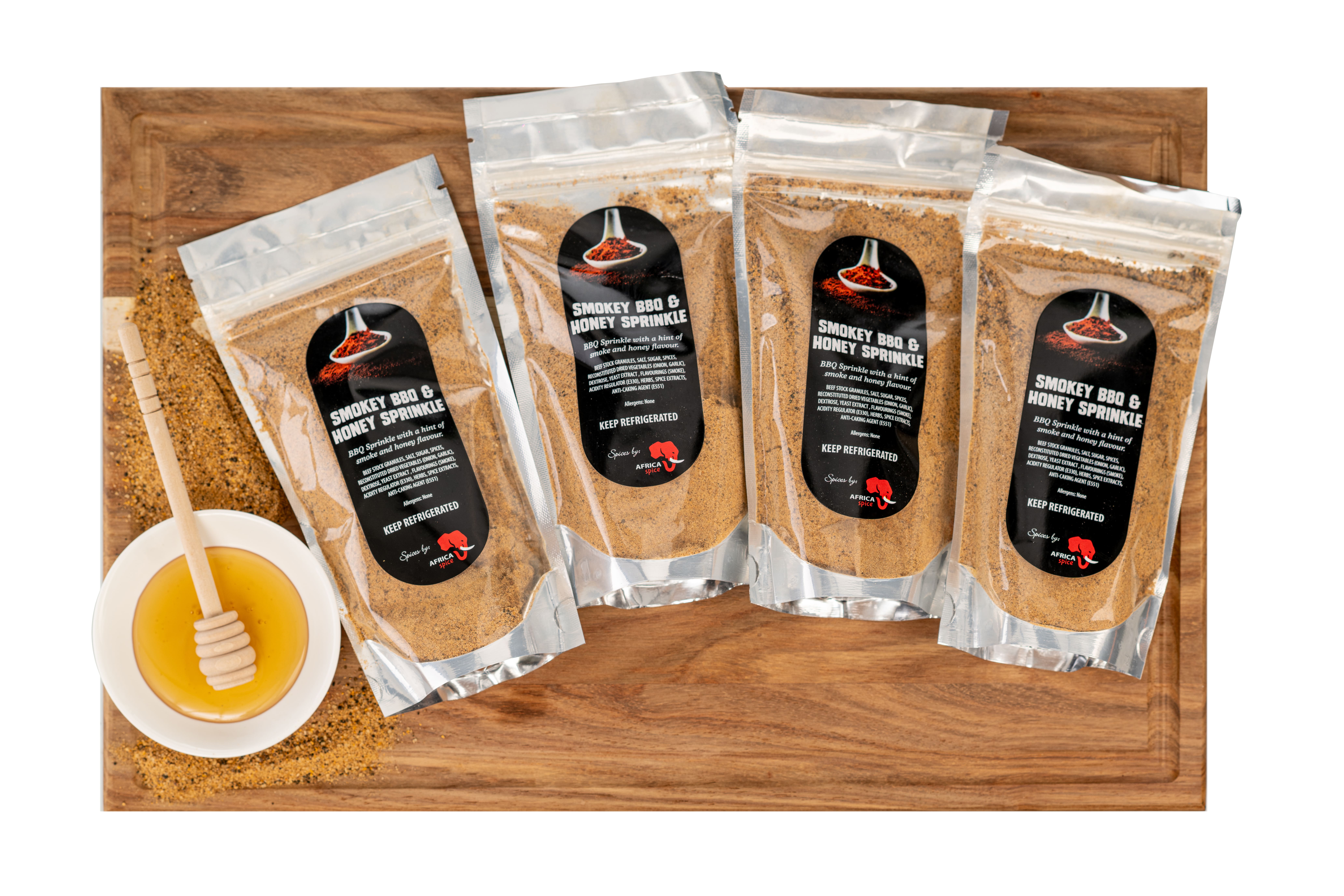 Africa Spice - Smokey BBQ and Honey Sprinkle <br><small style="font-size: 17px; line-height: 0.1;">4X200G</small> 1 Africa Spice - Smokey BBQ and Honey Sprinkle <br><small style="font-size: 17px; line-height: 0.1;">4X200G</small>